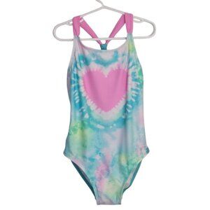 Cat & Jack One Piece Swimsuit Tie Dye Pink Heart Teal Back Size Large 10-12